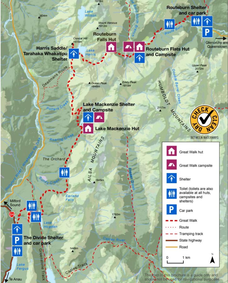 A map of the Routeburn Track provided by New Zealand's Department of Conservation.